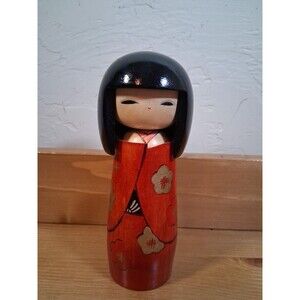 6.5" Japanese Wood Kokeshi Doll ‘Yuzuru' Gold Red Floral ~ Signed